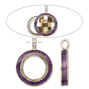 Pendant, Almost Instant Jewelry&reg;, epoxy / crystals / gold-finished "pewter" (zinc-based alloy), amethyst purple and crystal clear with glitter, 45x35mm single-sided with 30mm round setting. Sold individually.