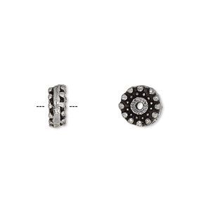 Bead 1pkg6 silver-plated, 9x4mm beaded rondelle, brass antique