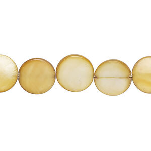 Mother-of-pearl shell 1pkg1, puffed flat round bead 15 inch harvest gold 11-12mm