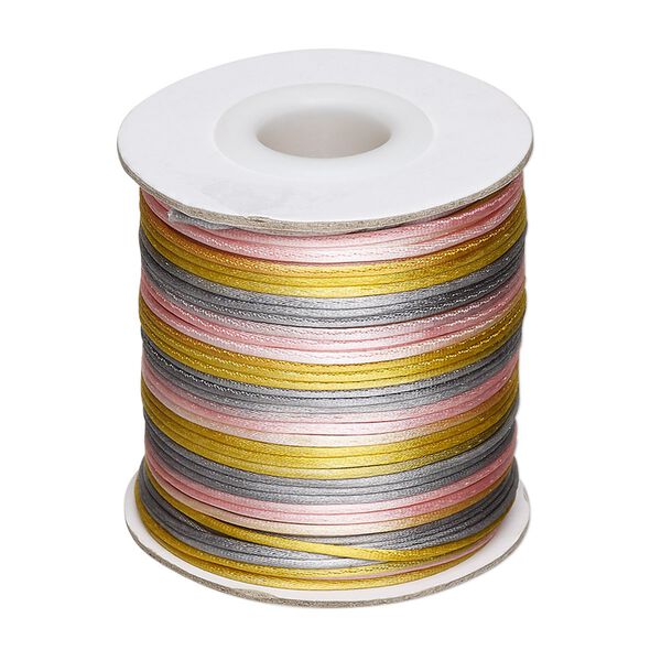 Cord, Satinique&trade;, satin, pink / gold / grey, 1mm mini. Sold per 200-foot spool. image number 0