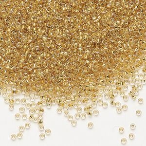 Seed bead, Miyuki, glass, pkg/4g, #15 rocaille, translucent 24Kt gold-lined crystal gold, (RR-195).