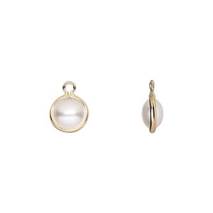 Drop, acrylic pearl and gold-finished brass, cream, 8.5mm double-sided round. Sold per pkg of 10.