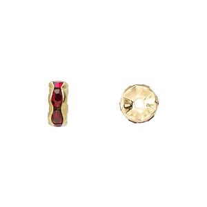 Bead 1pkg10 gold-finished, 8x4mm rondelle, brass / garnet red rhinestone
