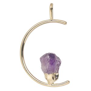 Pendant, Everyday Jewelry, gold-plated brass and amethyst (natural), 45x23mm-47x25mm open half round. Sold individually.