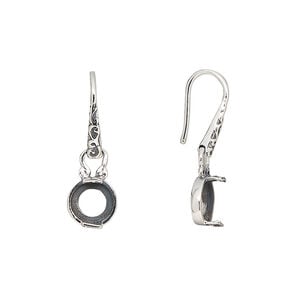 Earring fishhook 1pkg2 sterling silver, 25-29mm fancy dot design / 6mm round cab 2-prong open back setting, 20 gauge antiqued 1 pair