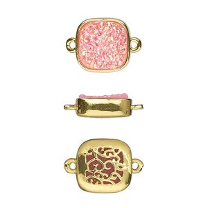 Link, Druzylite&trade;, "druzy" (resin) and gold-finished brass, pink, 11.5mm two-sided square with open filigree back. Sold per pkg of 4.