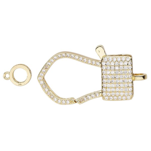 Clasp lobster claw 1pkg1, 33x18.5mm double-sided, gold-finished brass / cubic zirconia clear 1-strand image number 0