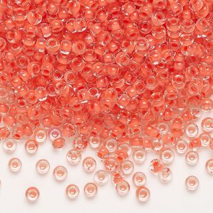 Seed bead, Preciosa Ornela Czech glass, pkg/50g, #8 rocaille, transparent terra intensive orange-lined clear, (08A91).