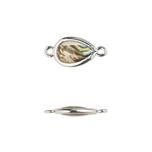 Link, paua shell and imitation rhodium-finished brass (assembled), 13x8mm-14x9mm double-sided teardrop. Sold per pkg of 4.