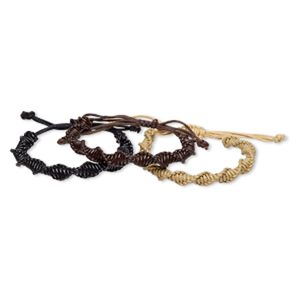 Bracelet, leather (dyed), black / brown / natural, 8mm wide twisted braid, adjustable from 5-8 inches with macram&eacute; knot closure. Sold per pkg of 3.