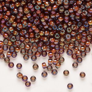 Seed bead, Miyuki, glass, pkg/250g, #8 rocaille, translucent white-lined luster dark topaz, (RR-3761).