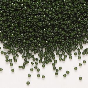 Seed bead, Miyuki, glass, pkg/250g, #15 rocaille, opaque outside dyed olive green, (RR-1488).