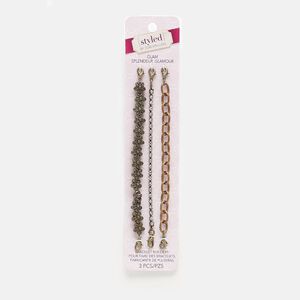 Bracelet component, glass rhinestone / antiqued copper- / brass-finished steel / "pewter" (zinc-based alloy), clear, 3mm cupchain / 10x10mm flower / 12x8mm oval cable, 6 inches with lobster claw clasp. Sold per pkg of 3.
