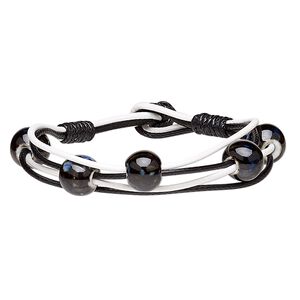 Bracelet, porcelain and waxed cotton cord, black / white / blue, 13mm wide with 11mm round, 6-1/2 inches with button clasp. Sold individually.
