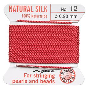 Thread, Griffin, silk, red, size #12. Sold per 2-meter card (approximately 78 inches).