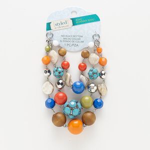 Necklace component, 3-strand, wood (dyed) / mother-of-pearl shell (natural) / acrylic / gunmetal-coated plastic / gunmetal-finished steel 1pkg1, multicolored, 7 inches.