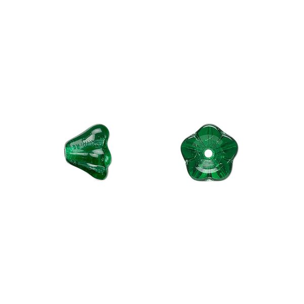 Bead, Czech pressed glass, emerald green, 8.5x6.5mm flower. Sold per 15-1/2" to 16" strand, approximately 80 beads. image number 0