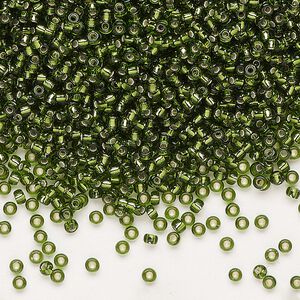 Seed bead, Miyuki, glass, pkg/25g, #11 rocaille, transparent silver-lined olive green (RR-26).