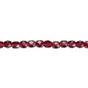 Bead, Czech fire-polished dipped d&eacute;cor glass, garnet red, 4mm faceted round. Sold per 15-1/2" to 16" strand, approximately 100 beads.