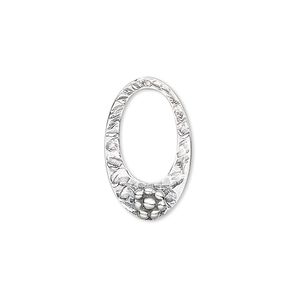 Drop, antiqued sterling silver, 20x12mm oval with flower. Sold individually.
