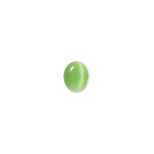 Cabochon, cat's eye glass (fiber optic glass), green, 9x7mm calibrated oval, quality grade. Sold per pkg of 10.