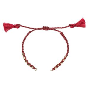 Bracelet component, nylon and gold-finished brass, dark red, 9-3/4 inches with adjustable macram&eacute; closure and (2) 5mm open loops. Sold individually.