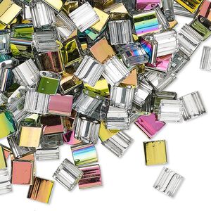 Seed bead, TILA&reg;, glass, pkg/10g, 5mm full tila square, opaque vitrail crystal clear (TL-4552).