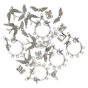Bead & charm mix 1pkg25 silver-plated "pewter", 11x9mm-29x23mm bird / single-sided / 2sided, antique