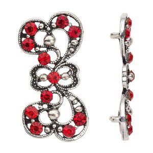 Spacer, antiqued silver-finished "pewter" (zinc-based alloy) and Czech glass rhinestone, light Siam, 37x17mm 2-strand fancy bow. Sold per pkg of 4.