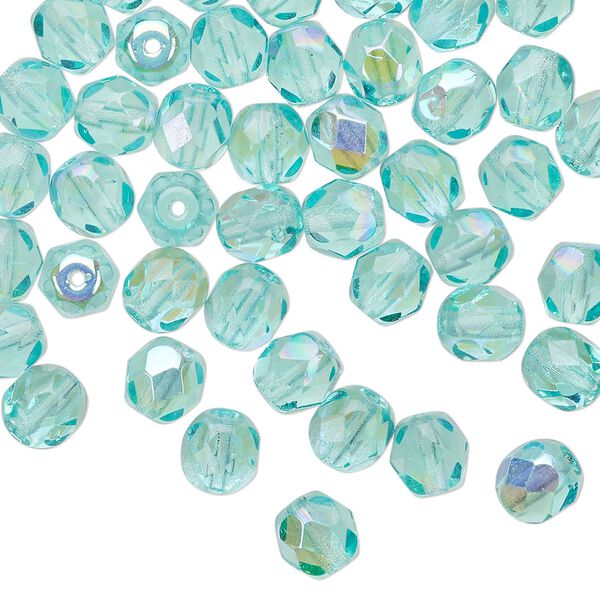 Bead 1pkg60 Czech fire-polished glass, 6mm AB faceted round, translucent light aqua image number 0