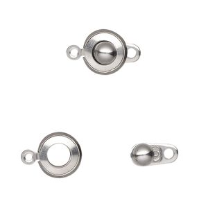 Clasp button 1pkg10, 9.5mm round, stainless steel 1-strand