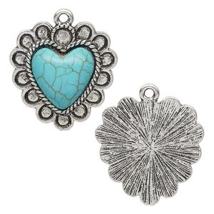 Charm, "turquoise" (resin) (imitation) and antique silver-finished "pewter" (zinc-based alloy), turquoise blue, 27mm single-sided heart. Sold individually.