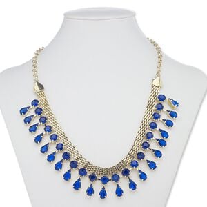 Necklace, acrylic with gold-finished steel and "pewter" (zinc-based alloy), lapis blue, round and teardrop, 18 inches with 3-inch extender chain and lobster claw clasp. Sold individually.