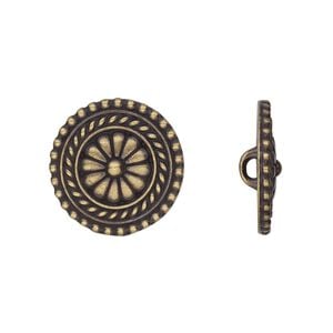 Button, TierraCast&reg;, antique brass-plated pewter (tin-based alloy), 18mm beaded flat round with flower and closed loop. Sold per pkg of 2.