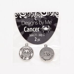 "Pewter" (zinc-based alloy) / enamel 1pkg2, 2-sided round charm / Cancer / "Imaginative" antique silver-finish / black 17mm