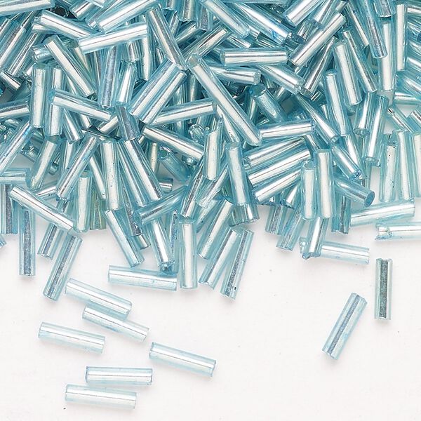 Bead, Ming Tree&trade;, bugle bead, glass, pkg/1/4 pound, 1/4 inch, silver-lined translucent turquoise blue. image number 0