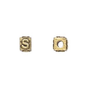 Bead 1pkg4 gold-plated pewter, 8x6mm rectangle / letter S, antique Dione&reg;