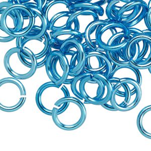 Jump ring 1pkg100 aluminum, 10mm round, 14 gauge / 6.8mm inside diameter / light blue