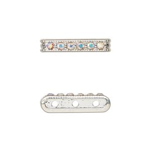 Spacer bar, silver-finished "pewter" (zinc-based alloy) and glass, clear AB , 20.5x4mm, 3-strand with crystals on one side, fits up to 6mm beads. Sold per pkg of 6.