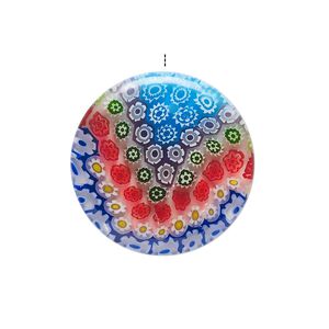 Drop, millefiori glass, translucent multicolored, 24-26mm top-drilled puffed flat round with flower design. Sold individually.