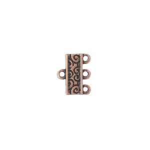 End bar 1pkg12 "pewter", 12x5mm rectangle / swirl / 2sided / 3 closed loops, copper-finished / antiqued