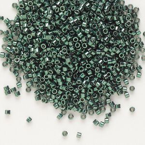 Seed bead, Delica&reg;, glass, pkg/50g, #11 round, opaque nickel-plated dyed color dark teal green (DB-0458).
