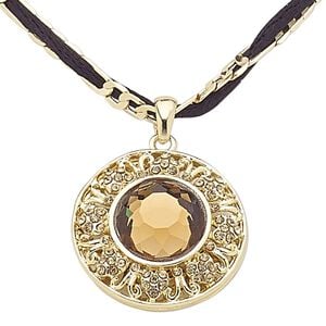 Necklace, polyester / glass rhinestone / gold-finished brass / steel / "pewter" (zinc-based alloy), black and brown, 32mm round, 16 inches with 3-inch extender chain and lobster claw clasp. Sold individually.