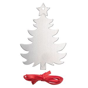 Ornament, ImpressArt&reg;, aluminum and polyester, 2-7/8 x 2 inch holiday tree with ribbon. Sold per pkg of 3.