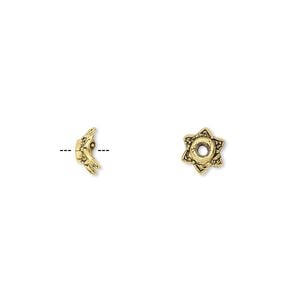 Bead cap, antique gold-finished "pewter" (zinc-based alloy), 7x3mm star, fits 6-8mm bead. Sold per pkg of 100.
