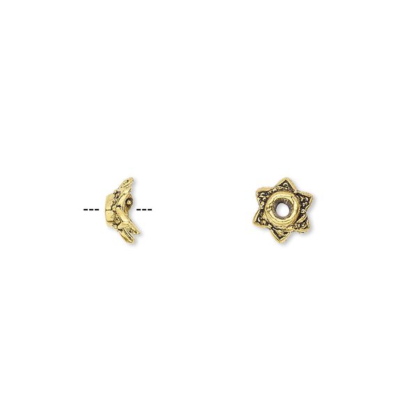 Bead cap, antique gold-finished "pewter" (zinc-based alloy), 7x3mm star, fits 6-8mm bead. Sold per pkg of 100. image number 0