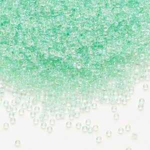 Seed bead, Miyuki, glass, pkg/35g, #15 rocaille, translucent light mint green-lined rainbow crystal clear (RR-271).