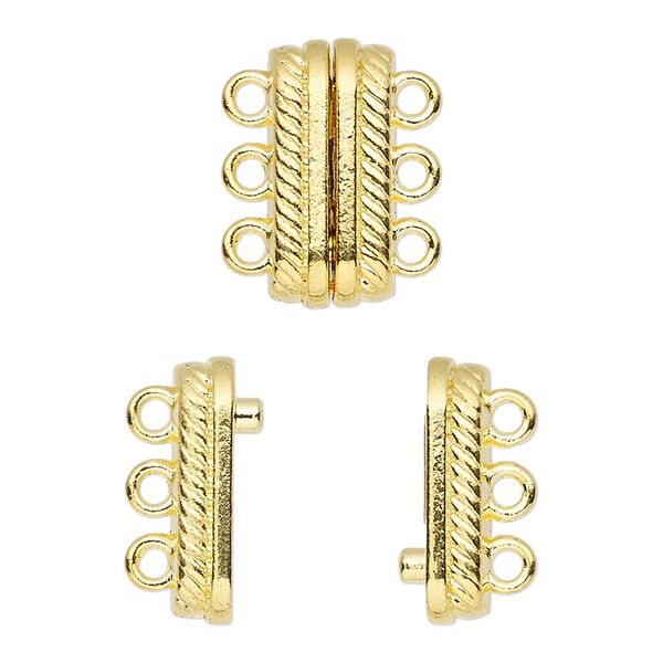Clasp magnetic 1pkg1 "pewter" (zinc alloy), 18x8mm double-sided rectangle, gold-finished 3-strand image number 0