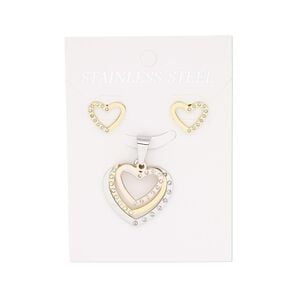Pendant and earring, glass rhinestone / stainless steel / copper- / gold-finished stainless steel, clear, 26x24mm triple open heart pendant, 12.5x12.5mm open heart with post. Sold per set.