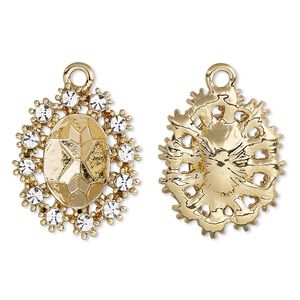 Drop, Almost Instant Jewelry&reg;, crystals and gold-finished "pewter" (zinc-based alloy), crystal clear, 23x19mm single-sided oval with 14x10mm oval setting. Sold individually.